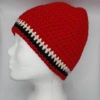 Mütze Gr.  L/XL unisex, Rot mit weißen und schwarzen Streifen, warm, gehäkelt, gut auch für die Übergangszeit Bild 1