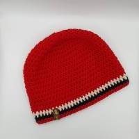 Mütze Gr.  L/XL unisex, Rot mit weißen und schwarzen Streifen, warm, gehäkelt, gut auch für die Übergangszeit Bild 3