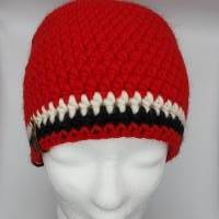 Mütze Gr.  L/XL unisex, Rot mit weißen und schwarzen Streifen, warm, gehäkelt, gut auch für die Übergangszeit Bild 4
