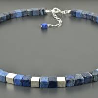 Halskette mit Dumortierit, blaue Edelsteinkette mit Würfeln, 925er Silber, 6 mm groß, Würfelkette, Geschenk Bild 2