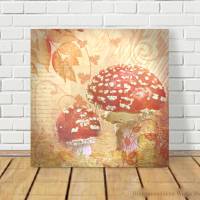 Herbstzeit FLIEGENPILZE Bild Pilz auf Holz Leinwand Fineartprint Wanddeko Landhausstil Shabby Chic Vintage Style kaufen Bild 1