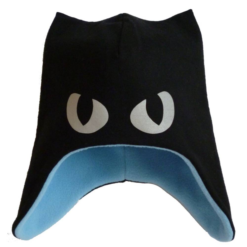 Wintermütze Ohrenwärmer reflektierenden Augen Katzenmütze mit Ohren 53/55cm schwarz gefüttert mit blauem Fleece Bild 1