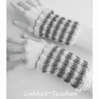 Pulswärmer 100 % Merino-Wolle handgestrickt hellgrau weiß gestreift - Damen Einheitsgröße - Modell 13 Bild 2