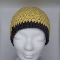 Mütze Gr. L/XL unisex, gelb, mit anthrazit, warm, kuschelig, gehäkelt Bild 2