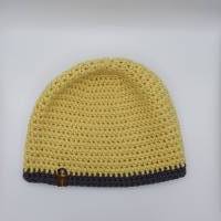Mütze Gr. L/XL unisex, gelb, mit anthrazit, warm, kuschelig, gehäkelt Bild 4