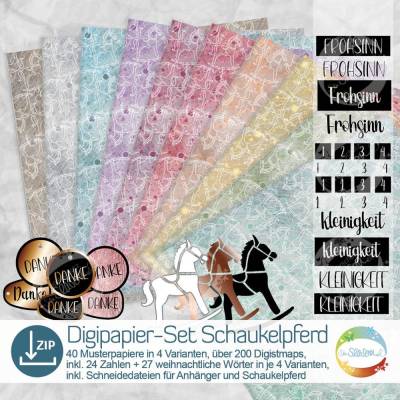 Digipapierset Schaukelpferd, weihnachtliches Papier mit vielen Digistamps und Schneidedateien, Design von senSEASONal