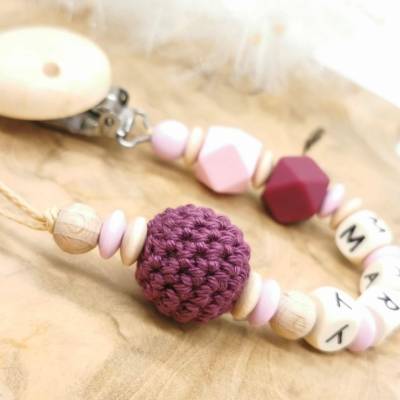 Schnullerkette mit Name Mädchen Weinrot 