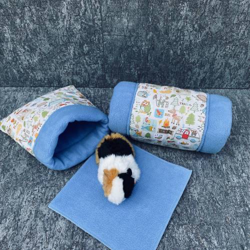 Set Kuschel-Tunnel / Kuschel-Sack inkl. PipiPad Meerschweinchen "Camping-hellblau"