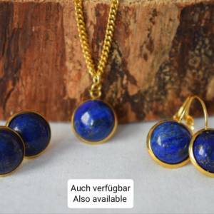 Lapislazuli Kette Gold, Halskette mit rundem Anhänger blauem Stein, Edelstein, Cabochon, Lapis Lazuli, 12mm, September G Bild 9