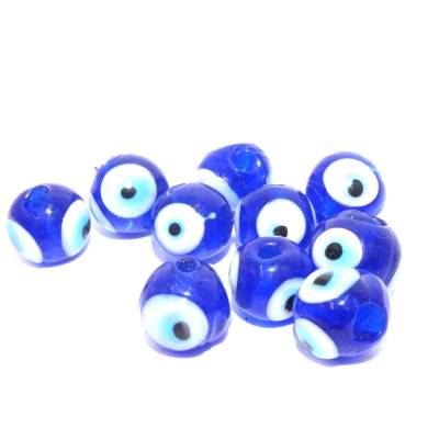 blaue Lampwork, Glasperlen, 10x als ,"Evil Eye - böser Blick abwendend " bezeichnet, 9mm rund, Perlen, traditi
