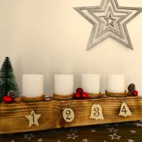 Adventsbalken mit weißen Kerzen und Glaskugeln / Adventskranz / Adventsgesteck / Adventsdeko / Weíhnachtsdeko Bild 1