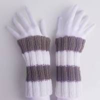 Pulswärmer 100 % Merino-Wolle handgestrickt hellbraun weiß Streifen - Damen Einheitsgröße - Modell 27 Bild 1