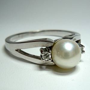 585 Weißgold Perlen Ring mit Diamanten RG 57 Bild 3