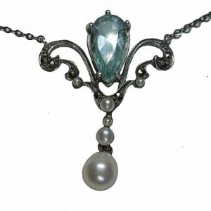 Pforzheimer traumhaftes edles Aquamarin Jugendstil Collier mit Perlen Bild 1