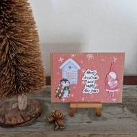 Weihnachtskarte mit Weihnachtsmann - Pinguin - Schneeflocken Bild 1