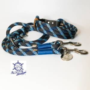 Leine Halsband Set edles Tau verstellbar dunkelgrau, blaugrün, hellblau, mit Leder und Schnalle Bild 1