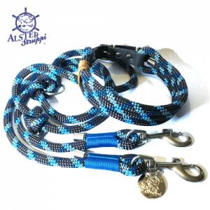 Leine Halsband Set edles Tau verstellbar dunkelgrau, blaugrün, hellblau, mit Leder und Schnalle Bild 2