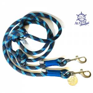 Leine Halsband Set edles Tau verstellbar dunkelgrau, blaugrün, hellblau, mit Leder und Schnalle Bild 3