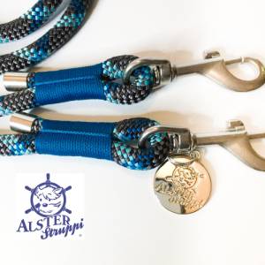 Leine Halsband Set edles Tau verstellbar dunkelgrau, blaugrün, hellblau, mit Leder und Schnalle Bild 4