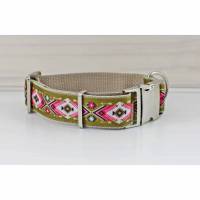 Hundehalsband mit Indianer Muster, olivgrün, rosa, geometrisch, Hund, modern, Gurtband, Halsband, Hundeleine Bild 1