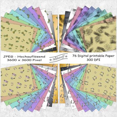 76 Digital Paper - Digipapier -  Blumen - JPEG - 12x12 Zoll - 300 DPI + Gold & Silber