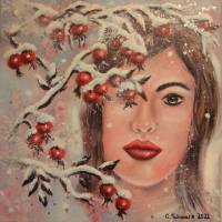 WINTERMÄRCHEN - winterliches Acrylgemälde mit verschneiten Hagebutten und Gesicht 40cmx40cm Bild 6