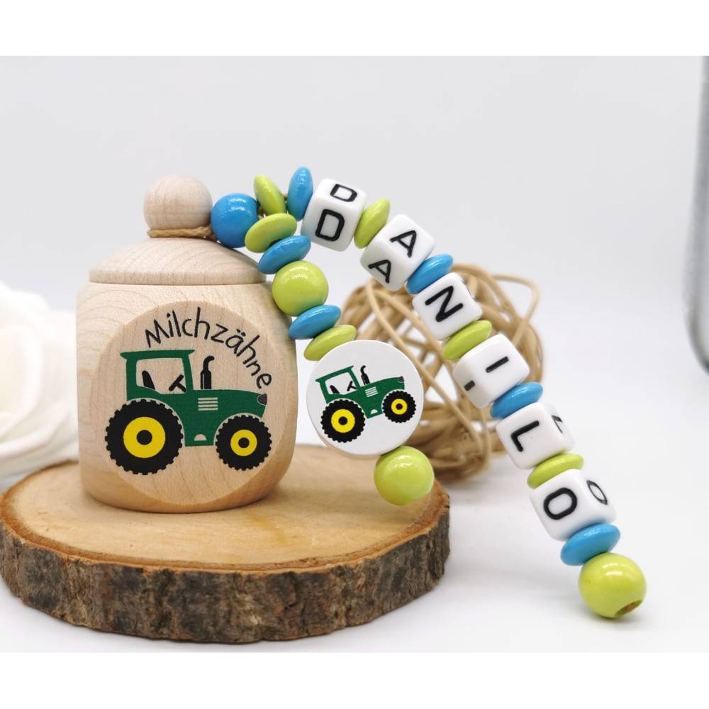 Zahndose mit Name  Junge Traktor Milchzahndose Geschenkidee Bild 1