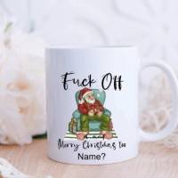 Tasse mit Name Weihnachten Merry Fuck off Emaille Keramik Geschenkidee Kaffetasse Bild 1