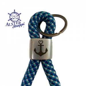 Schlüsselanhänger handgefertigt der Marke AlsterStruppi, blau, weiß, Glaube, Liebe Hoffnung Symbol Bild 3