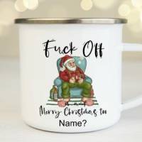 Tasse mit Name Weihnachten Merry Fuck off Emaille Keramik Geschenkidee Kaffetasse Bild 1