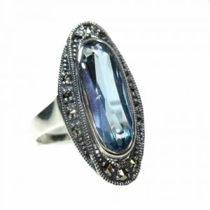 Silber Jugendstil Ring mit ovalem Aquamarin + Markasiten Bild 1