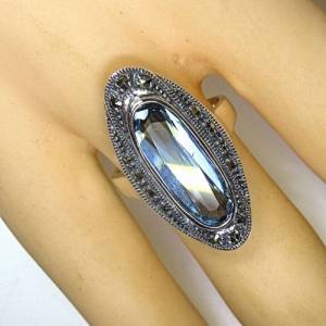 Silber Jugendstil Ring mit ovalem Aquamarin + Markasiten Bild 2