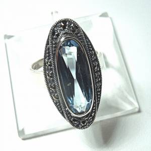 Silber Jugendstil Ring mit ovalem Aquamarin + Markasiten Bild 3