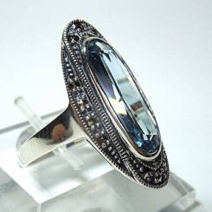 Silber Jugendstil Ring mit ovalem Aquamarin + Markasiten Bild 4