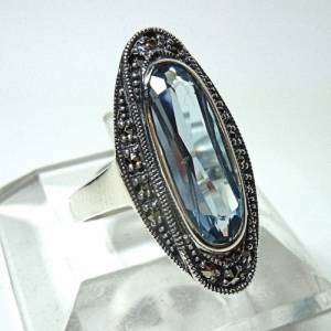 Silber Jugendstil Ring mit ovalem Aquamarin + Markasiten Bild 5