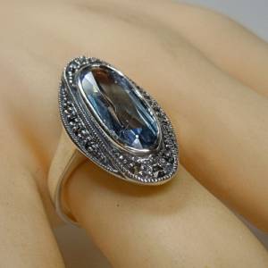 Silber Jugendstil Ring mit ovalem Aquamarin + Markasiten Bild 6