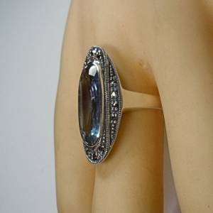 Silber Jugendstil Ring mit ovalem Aquamarin + Markasiten Bild 8