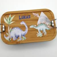 Brotdose personalisiert aus Edelstahl mit Bambus Deckel "Dino 2", Trennsteg, Lunchbox Bild 1