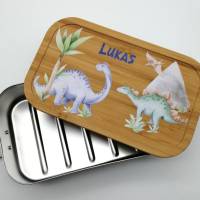 Brotdose personalisiert aus Edelstahl mit Bambus Deckel "Dino 2", Trennsteg, Lunchbox Bild 5
