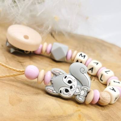 Schnullerkette mit Name Mädchen Eichhörnchen Rosa