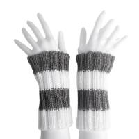 Pulswärmer 100 % Merino-Wolle handgestrickt hellgrau weiß Streifen - Damen Einheitsgröße - Modell 27 Bild 1