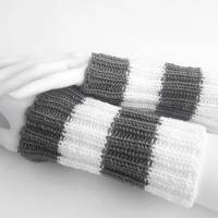 Pulswärmer 100 % Merino-Wolle handgestrickt hellgrau weiß Streifen - Damen Einheitsgröße - Modell 27 Bild 2