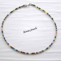 Edelstein Kette kurz Achat Perlen bunt silberfarben Edelsteinkette Achatkette Handgefertigt 45 cm lang Bild 3