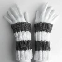 Pulswärmer 100 % Merino-Wolle handgestrickt grau weiß Streifen - Damen Einheitsgröße - Modell 27 Bild 1