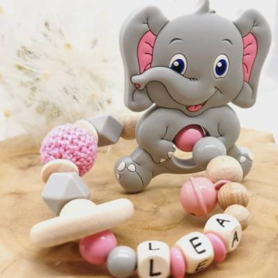 Beißring mit Name Mädchen Elefant Greifling Silikon Rosa
