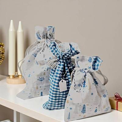 3er Set Nikolaussäckchen, Weihnachtssäckchen blau und weiß