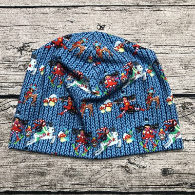 wunderschöne Doppelmütze Mütze gr.53-55 Winter-Milli Strick-optik mit Schlitten, Reh und Pilzen