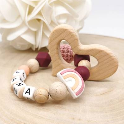 Greifling mit Name Mädchen Regenbogen Greifring Weinrot 