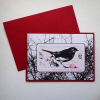 Grußkarte Klappkarte handgemacht mit Vogelmotiv in Schwarzweiß und Rot Bild 1