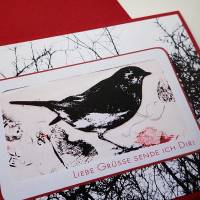 Grußkarte Klappkarte handgemacht mit Vogelmotiv in Schwarzweiß und Rot Bild 2